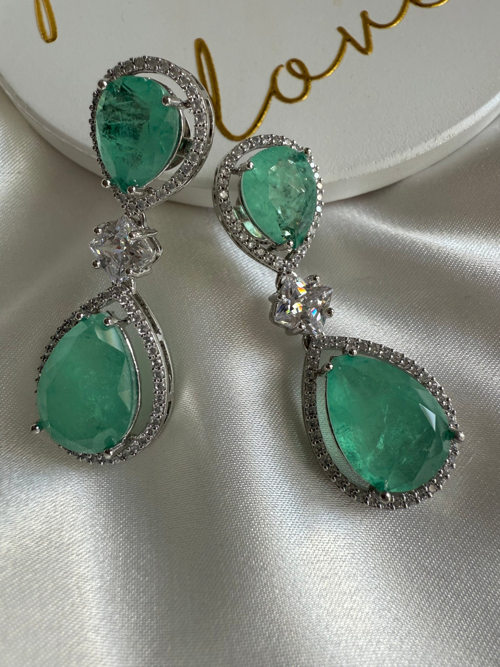 Indian Earrings/American Diamond Earrings/Green Earrings/Statement Earrings/Indian jewelry/Pakistani Jewelry